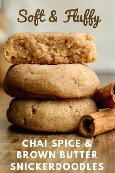 three cinnamon spice and brown butter cookies stacked on top of each other