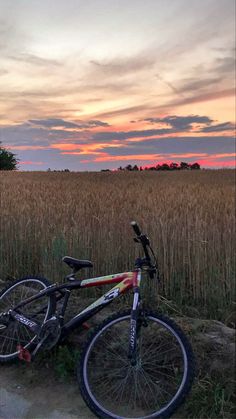 a bike is parked on the side of a dirt road in front of a wheat field