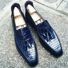 Luxury Blue Casual Tassel Loafers, Mens Party Wear, Alligator Dress Shoes, Tassel Shoes, Crocodile Shoes, Gentleman Shoes, Custom Design Shoes, Bespoke Shoes, Groom Wear