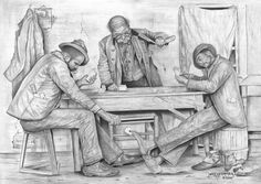 three men sitting at a table playing cards