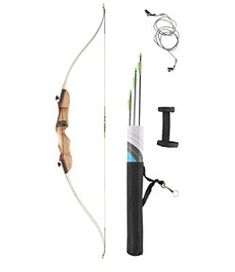 a bow and arrow with two arrows attached to the back of it, next to an object