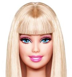 a barbie doll with long blonde hair and blue eyes wearing pink lipstick on her lips