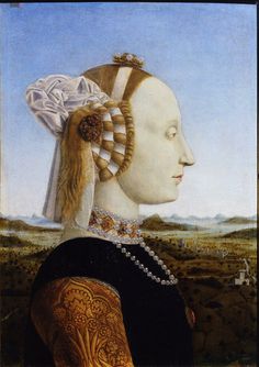 a painting of a woman with an elaborate headpiece and hair in her left ear