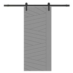 a gray door with black handles and an iron bar on the bottom, in front of a white background