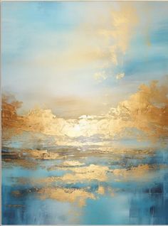 an abstract painting with blue, gold and white clouds in the sky over water at sunset