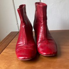 Hand Made Italian Ankle Boots By Kundeta. Wood Heel 2 1/2”, Leather Soles, Zip 5” Long Open To Within 1 Inch Of Sole. 3 1/2” Toe Box Width. Great Shape! Classic Boots With Red Sole, Red Fitted Heeled Boots With Square Toe, Vintage Red Heels For Fall, Fitted Red Vintage Boots, Red Square Toe Boots With Leather Sole, Red Boots With Leather Sole And Square Toe, Vintage Leather Heeled Boots With Low Heel, Vintage Leather Boots With Low Heel, Formal Boots With Red Sole And Square Toe