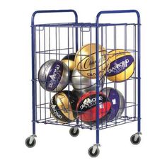 a blue shopping cart filled with different types of basketballs on it's wheels