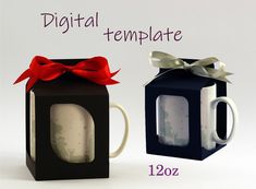 two coffee mugs with red bows on them and the words digital template next to them