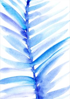 a watercolor painting of a blue palm leaf