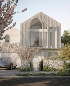 a car is parked in front of a house with stone and wood sidings on it