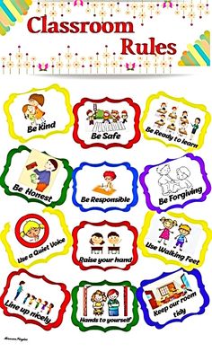 classroom rules poster with pictures and words on the front, in bright colors for children to use