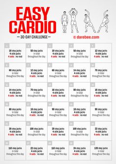 the easy cardio 30 day challenge is shown in red and white, with instructions for each