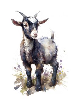 a watercolor painting of a goat standing in the grass and looking at the camera