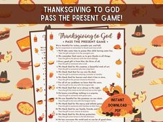 thanksgiving to god pass the present game with turkeys and pies on it's side