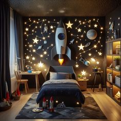 a bedroom decorated in black and white with stars on the wall, an illuminated rocket ship is