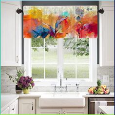 an image of a kitchen setting with flowers on the window sill and fruit in the sink