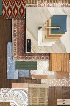 an assortment of rugs and flooring samples with the words bohemian written on them