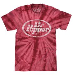 PRICES MAY VARY. THE DR PEPPER SHIRT TO DYE FOR!: Enjoy the nostalgia of the instantly recognizable Dr Pepper logo - tastefully distressed and printed on a soft, crimson red tie-dye t-shirt. EASY CARE TEES: This Dr Pepper oval logo design is licensed and screen-printed on a soft, 100% cotton tie dye t-shirt that goes from the washing machine to the dryer without losing shape, shrinking or fading. Graphic is intentionally distressed for a faded, vintage look. NO FUSS SIZING: Tee Luv's Dr Pepper t Dr Pepper Logo, Dr Pepper Shirt, Red Tie Dye, Oval Logo, Mens Fade, Casual Night Out, Retro Tee, Red Tie, Crimson Red