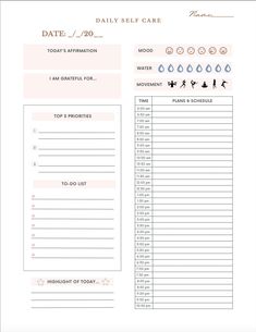 the daily self care checklist is shown in pink