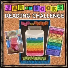 the jar of books reading challenge is in front of a cork board with pictures of rainbows