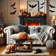 a living room decorated for halloween with pumpkins and candles