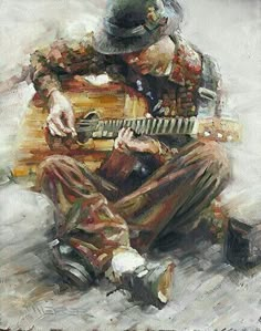 a painting of a man sitting on the ground playing a guitar with his hat on