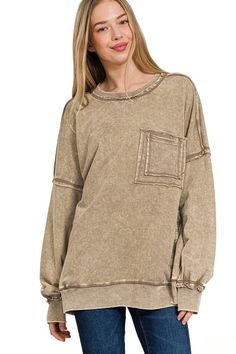 Zenana French Terry Acid Wash Raw Edge Front Pocket Pullover Acid Wash Long Sleeve Soft-washed Tops, Acid Wash Soft-washed Long Sleeve Tops, Acid Wash Long Sleeve Tops, Acid Wash Long Sleeve Tops For Fall, Acid Wash Relaxed Fit Long Sleeve Top, Acid Wash Long Sleeve Relaxed Fit Top, Casual Acid Wash Long Sleeve Top, Trendy Crew Neck Sweatshirt With Pockets, Casual Long Sleeve Faded Tops