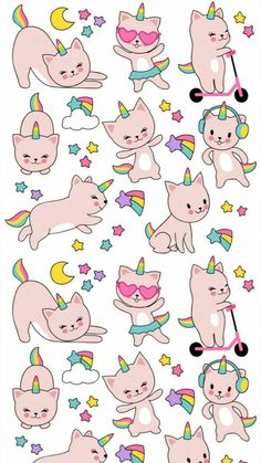 an assortment of stickers with cats and unicorns in different colors, sizes and shapes