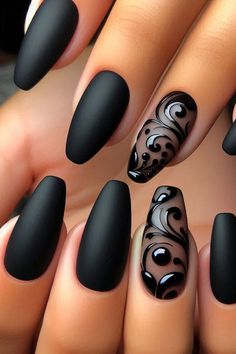 Nails For Hospital Work, Gel Black Nails Ideas, Chrome Black Nails Designs, Black Wedding Nail Designs, Black Wedding Nails Bridesmaid, Night Nails Design, Black With White Nails, Dark Gothic Nails, Coffin Black Nails Design