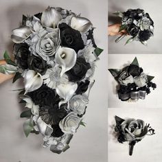 the bouquet is made up of black and white flowers