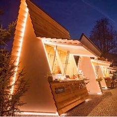 the building is lit up with lights and has an unusual roof structure that looks like a house