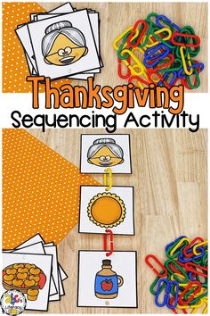 thanksgiving sequencement activity for kids with pictures and words on the table, including turkey