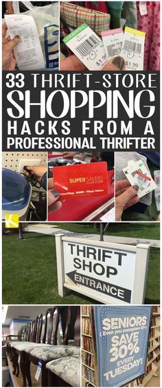 there are many different signs in the store that say shopping hacks from a professional thrifter