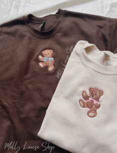 "Embroidered Teddy Bear Sweatshirt! -Embroidered on a cotton/polyester blend crewneck sweatshirt, this design is simple and minimalistic, perfect for every outfit! -Embroidery design measures 2.25\" x 3.5\". -See product pictures for shirt sizing chart. **SWEATSHIRTS ARE IN UNISEX SIZING AND RUN TRUE TO SIZE. -All sweatshirts are handmade on an embroidery machine so there may be slight differences, but we only sell the sweatshirts that meet our high-quality standards. -To maintain the quality of your sweatshirt and the embroidery design make sure to wash with care. We recommend turning the item inside out and using a cold wash and delicate cycle. We highly recommend air drying when possible as well. -Please feel free to reach out with any additional questions, customization requests, etc. Teddy Bear Sweatshirt, Horse Sweatshirts, Bear Sweatshirt, Bear Shirt, Shirt Embroidery, Cute Sweatshirts, Cute Sweaters, Embroidered Shirt, Christmas Sweatshirts