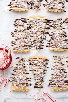 christmas cookies and candy canes are arranged on a sheet of parchment paper next to peppermint sticks