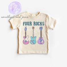 Celebrate your little rock star's fourth birthday with this adorable Four Rocks Girls Birthday Shirt! Featuring a guitar design and a cute rock n roll theme, this tee is perfect for your little rocker's special day. Whether she's a fan of rock bands or just loves music, this 4th birthday tshirt will surely make her feel like a rockstar! Add some fun to her birthday celebration with this cute and trendy shirt. *DETAILS* This listing is for (1) shirt or bodysuit.   *WASHING INSTRUCTIONS* Wash in cold water and hang to dry BABY BODYSUIT SIZE GUIDE 0/3m-- Weight: up to 9 lbs 3/6m-- Weight: 10-16 lbs 6/12m-- Weight: 17-20 lbs 12/18m-- Weight: 21-24 lbs *WEIGHTS ARE ESTIMATES AND DO NOT TAKE INTO ACCOUNT THE HEIGHT OF YOUR BABY, CONSIDER SIZING DOWN IF YOU ARE IN BETWEEN SIZES* KIDS OATMEAL SHIR Rock N Roll Theme, Third Birthday Boys, Girls Birthday Shirt, Music Birthday, We Will Rock You, Birthday Kids, Fourth Birthday, Birthday Party Shirt, Birthday Girl Shirt