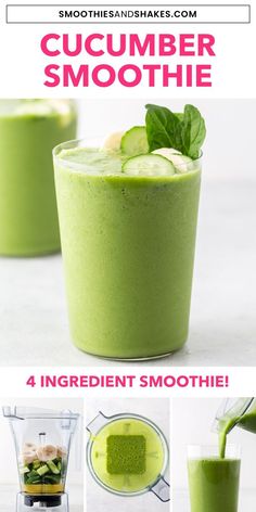 green smoothie with cucumber in it and ingredients to make the smoothie