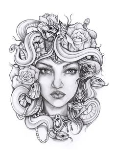 a drawing of a woman's face with snakes and roses in her hair