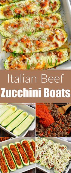 different types of zucchini boats with text overlay that reads italian beef zucchini boats