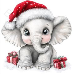 an elephant wearing a santa hat with presents