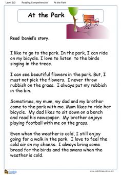 a page from the book at the park with an image of a bench and a tree