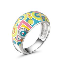 A bold ring features bright enamel colors in a geometric design, accented by sparkling white stones. A modern take on the classic design, this ring features bold enamel coloring, creating a bold, eye-catching design that looks fantastic wherever it is worn.  If you are looking for something simply gorgeous, this geometric painted ring is the perfect answer.Carat Weight: 0.14 ctStone Size: 1 mmStone Type: Jeulia® StoneNumber of Stones: 14 Stone Shape: RoundStone Color: Diamond WhiteWeight: 6.34 g Modern Multicolor Enamel Jewelry, White Retro Enamel Jewelry, Retro White Enamel Jewelry, White Enamel Open Ring, White Open Ring With Enamel, Multicolor Enamel Open Ring, Modern Enamel Ring For Gift, Yellow Enamel Ring, Trendy White Enamel Rings