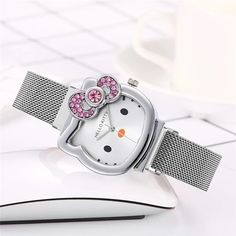 Hello Kitty Silver Mesh Straps Watch Cute Everyday Silver Watch With Pink Bow. Straps Is Magnetic Easy To Adjust To Size If Needed Brand New! Bundle More To Save 10% Bow Women, Hello Kitty Cartoon, Diamond Bows, Rhinestone Bow, Diamond Quartz, Metal Straps, Kids Watches, Little Twin Stars, Birthday Gifts For Girls