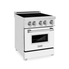 a white stove with four burners and two oven doors on each side, in front of a white background