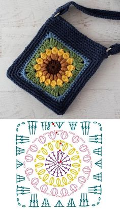 a crocheted bag with a sunflower on the front and side, along with an image of a flower in the middle