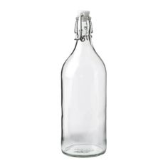 a clear glass bottle with a metal stopper