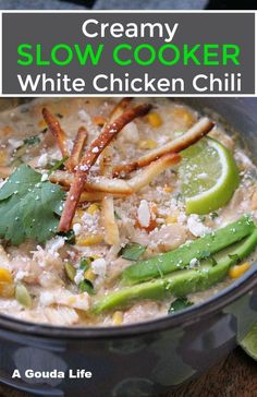 creamy slow cooker white chicken chili with cilantro and lime