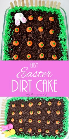 a cake with carrots and grass in it on top of a table next to a pink sign that says diy easter dirt cake