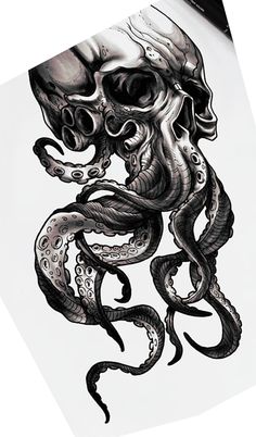 an octopus and skull tattoo design is shown in black ink on white paper with the words,