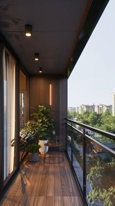 a balcony with wooden flooring and plants on it